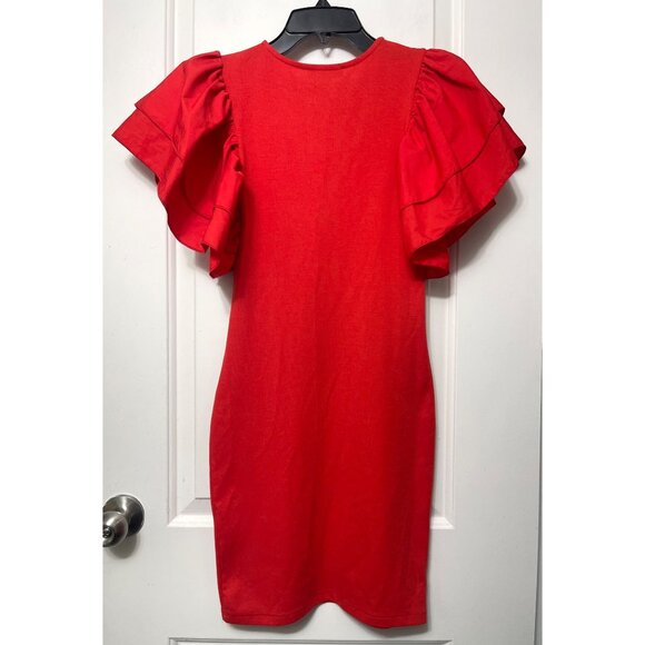 Zara Red Ruffle Sleeve Bodycon Mini Dress Size S - Picture 7 of 13